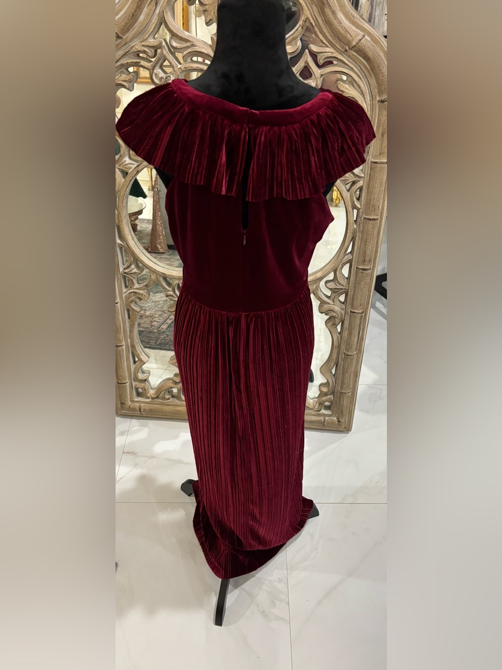 BCBGeneration Velvet Ruffled Maxi Dress in Burgundy